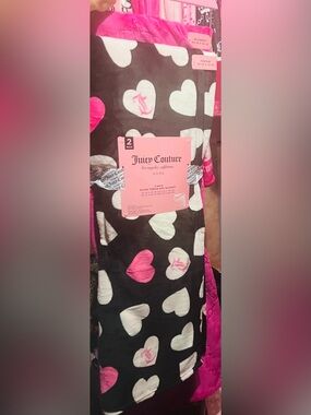 Juicy Couture Black Plush Throw with Pink & White Hearts
